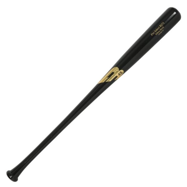 The image displays a B45 B271 Pro Select Youth Baseball Bat, characterized by its all-black finish and a contrasting gold B45 logo, creating a striking, elegant aesthetic.