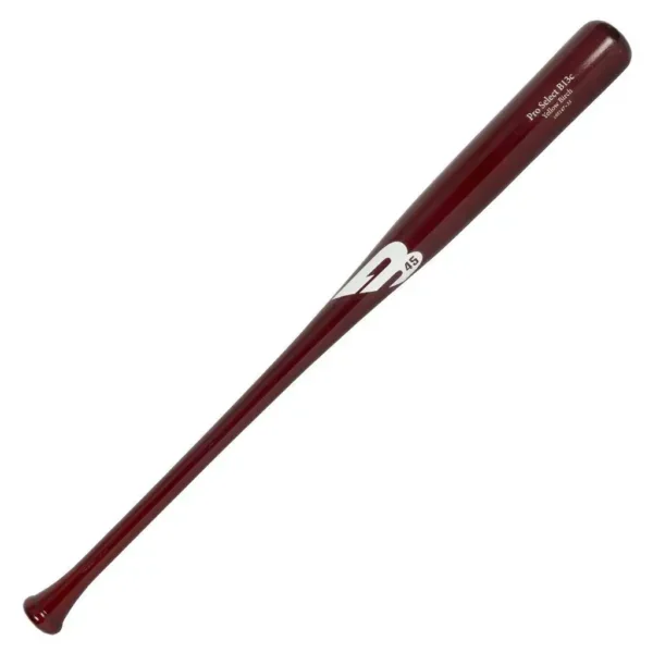 The image shows a B45 B13C Pro Select Baseball Bat with a deep maroon color, a white brand logo near the top of the barrel, and a glossy finish throughout.
