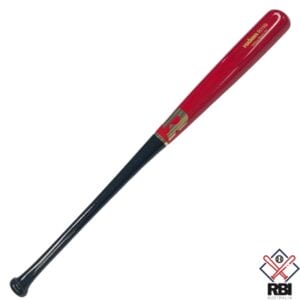 The image presents a RECKEN R110 Yellow Birch Baseball Bat with a vibrant red barrel and a black handle.