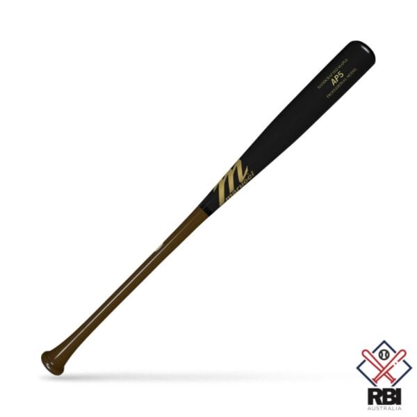 The image showcases a Marucci AP5 Pro Model Timber Baseball Bat with a sleek, natural wood handle that transitions into a glossy black barrel. The barrel features the 'AP5' model designation and Marucci logo in gold, accented with a black ring near the transition point. The RBI Australia logo appears in the bottom right corner.