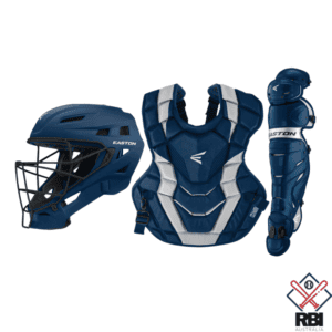 Easton Elite X Catcher's Box Set in Navy. Shows a helmet, chest guard, and a leg guard.