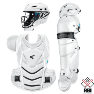 Easton Jen Schro 'The Very Best' Catcher's Box Set in White. Shows a helmet, chest guard, and a leg guard.