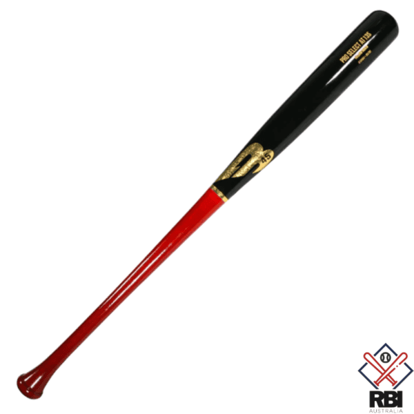 The image displays a B45 AT13 Pro Select Timber Baseball Bat. The bat has a sleek black barrel with gold detailing and the brand's logo, transitioning into a rich red lower half and finishing with a deep red handle.