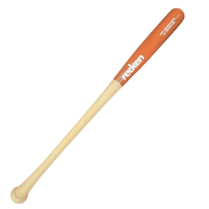 The image displays a RECKEN Pro Stick 490 Steel Hardened Maple Baseball Bat with a natural wooden barrel and an orange handle, featuring the white 'recken' brand text.