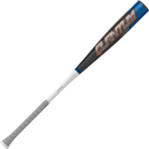2022 Easton Quantum -3 BBCOR Baseball Bat angled view, highlighting its sleek white handle, blue accents, and glossy black barrel with orange 'QUANTUM' lettering.