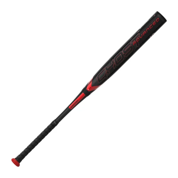 The image showcases an Easton 2024 Ghost Advanced -10 Fastpitch Bat with a dynamic black and red color scheme. It features a large 'GHOST ADVANCED' logo on the barrel in bold red and gray lettering, a smooth black handle with a red end cap, and intricate detailing that emphasizes its advanced design and technology.