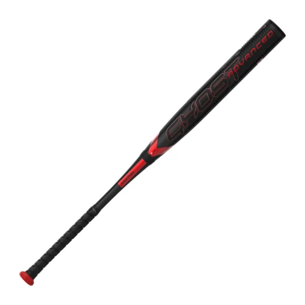 The image features an Easton 2024 Ghost Advanced -8 Fastpitch Softball Bat, with a distinctive black barrel that has red and silver accents highlighting the 'GHOST ADVANCED' branding, and it is completed with a black handle that has a red knob at the end.