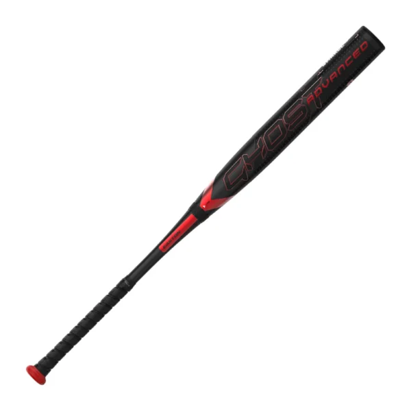 black and red Easton 2024 Ghost Advanced Fastpitch Softball Bat leaning against a white background. This bat features Double Barrel 3 technology, Sonic Comp Max material, an OptiFlex handle, and a Power Boost Soft Knob.