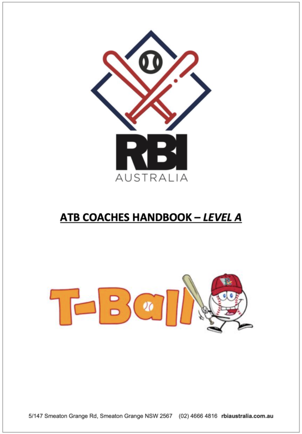 The image is the cover page for "ATB Coaches Handbook – Level A" from RBI Australia, featuring the RBI logo, the title, and a cartoon baseball character.