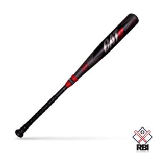 The image shows a Marucci CAT9 Connect BBCOR baseball bat, with a sleek black barrel that has red and gray accents, including the Marucci logo, and a black handle.