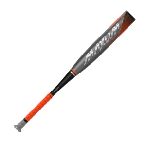 Easton 2022 Maxum Ultra -5 Baseball Bat lying on a clear surface, showcasing its sleek, silver body with bold black and orange graphics, designed for optimized swing speed and balance.