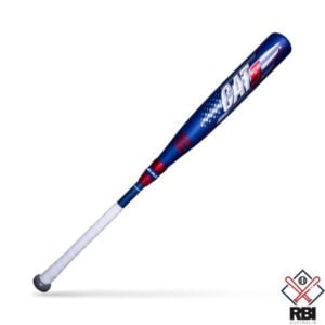 This image shows a Marucci CAT9 Composite Pastime baseball bat. The bat has a sleek design, featuring a white handle that transitions to a dark navy blue barrel. It is adorned with bold red and white text and graphics, including the "CAT9" logo, the Marucci brand name, and a pattern resembling stitching found on a baseball. The bat is set against a plain, light background which makes it stand out prominently.