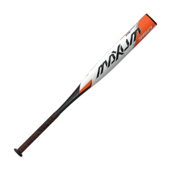 An image of a Maxum 360 USSSA baseball bat with a predominantly white barrel featuring a large black 'MAXUM' logo and orange accents, transitioning to a black handle.