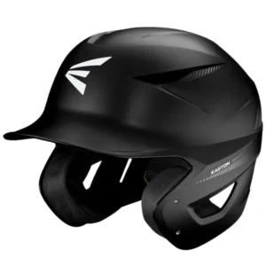 The image shows an Easton Pro X Matte Batting Helmet in black. It features a sleek design with the Easton logo on the front and aerodynamic vents for breathability. The helmet includes an attached jaw guard for additional face protection.