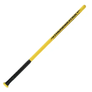 The image depicts an Easton T11 Thunderstick training bat, known for its narrow barrel. It's painted in bright yellow with bold black text spelling "THUNDERSTICK" along the side, a black grip on the handle, and a yellow end cap.