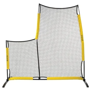 The image shows an Easton Pop-Up L Screen, which is a type of portable protective screen used in baseball or softball training. It has a black frame with a vibrant yellow border and features a durable black netting designed to protect a pitcher during batting practice.