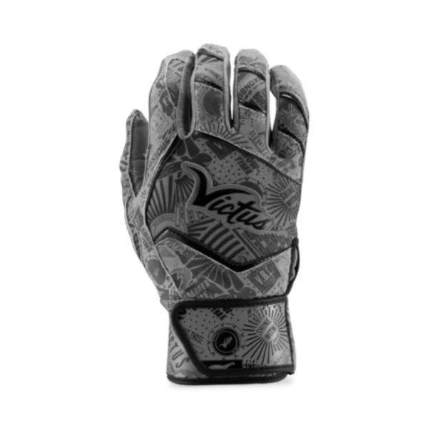 the image shows a single Victus Nox batting glove in shades of grey with black accents, detailed with a stylish pattern and the Victus logo across the backhand.