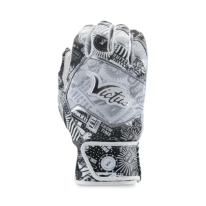 The image shows a single Victus Nox batting glove in white and silver, featuring an elaborate design with various graphic elements and the Victus logo prominently displayed on the back.