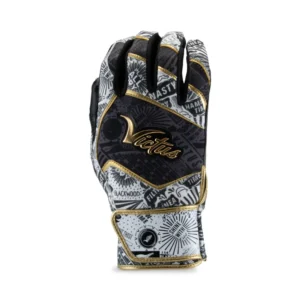 The image shows a pair of Victus Nox batting gloves in black and gold. They feature a bold design with various patterns including stars and stripes, a prominent Victus logo in gold on the backhand, and a sturdy strap around the wrist.