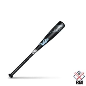 The image features a Victus NOX 2 Tee Ball -11 Baseball Bat with a sleek black barrel that transitions into a gray and blue graphic near the grip. The Victus logo is prominently displayed in blue on the barrel.
