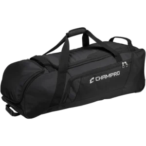The image shows a black Champro sports bag designed for catchers, featuring a long, cylindrical shape with sturdy handles and a logo on the side. The bag has side compartments and is equipped with wheels for easy transport.