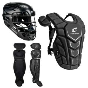 The image showcases the Champro Optimus MVP Plus Catcher's Kit in black, including a helmet with a face mask, a chest protector, and a pair of leg guards. Each piece is designed with a sleek, protective structure to provide safety and mobility for baseball catchers.