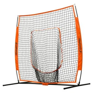 The image shows a Champro MVP Portable Sock Screen, a baseball training aid featuring a durable net within an orange frame, designed to help pitchers and fielders practice their accuracy and throwing. The sock-style net has an opening in the center to catch and hold balls.