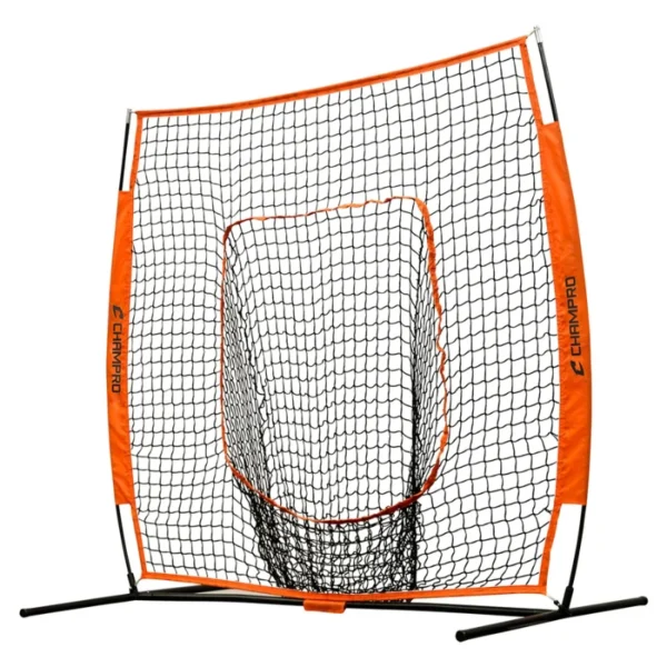 The image shows a Champro MVP Portable Sock Screen, a baseball training aid featuring a durable net within an orange frame, designed to help pitchers and fielders practice their accuracy and throwing. The sock-style net has an opening in the center to catch and hold balls.