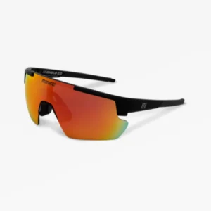 The image features the Marucci Youth Shield 2.0 sunglasses with a matte black frame and orange-red mirrored lenses that transition to yellow at the bottom. The sleek design includes black arms and is ideal for enhancing visual clarity and protection during outdoor activities