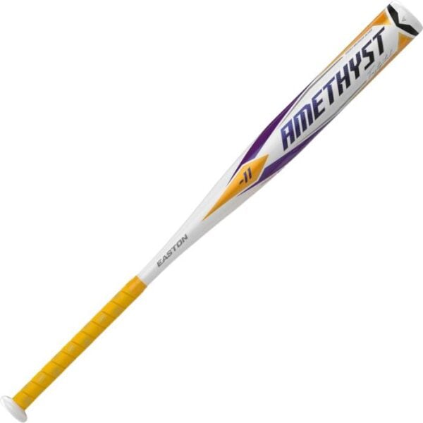 2022 Easton Amethyst -11 Fastpitch Softball Bat with a white, purple, and yellow design, featuring a balanced, lightweight construction for improved swing speed.