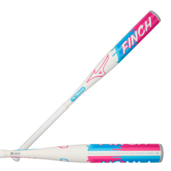 2026 Mizuno Finch -13 Fastpitch Softball Bat in white with vibrant pink and blue accents, featuring the Finch logo and alloy barrel construction.
