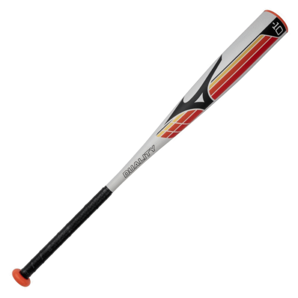 Mizuno Duality Hybrid -10 Big Barrel Youth Baseball Bat in grey with red, black, and orange graphics, featuring a black grip and orange end cap.