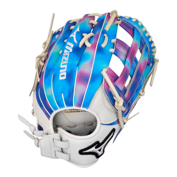Experience top performance with the MVP Prime M-Print Psychedelic Series 12.5 glove, offering Bio Soft Leather, and a personalized fit for fastpitch play.