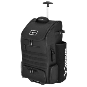 The Mizuno Pro Wheel Batpack features 4 bat sleeves, off-road wheels, and ventilated storage. Durable, spacious, and built for elite athletes.