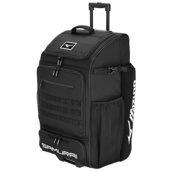 The Mizuno Samurai Catcher's Batpack features 81L of space, off-road wheels, and a molded glove vault. Durable gear storage for elite catchers.