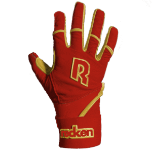 Shop Recken Ambush Batting Gloves (Red/Gold) for elite grip, comfort, and durability. Premium lambskin design with a secure double wrist strap.