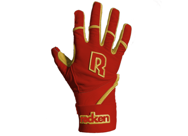 Shop Recken Ambush Batting Gloves (Red/Gold) for elite grip, comfort, and durability. Premium lambskin design with a secure double wrist strap.