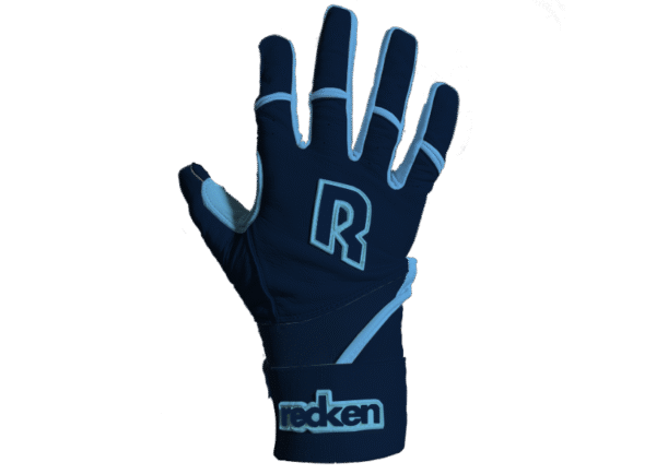 Recken Ambush Batting Gloves in Navy Blue. Premium lambskin design with superior grip, durability, and a secure double wrist strap.